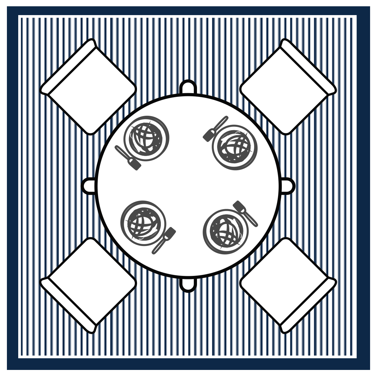 Rendering of round dining room table with square area rug underneath furniture